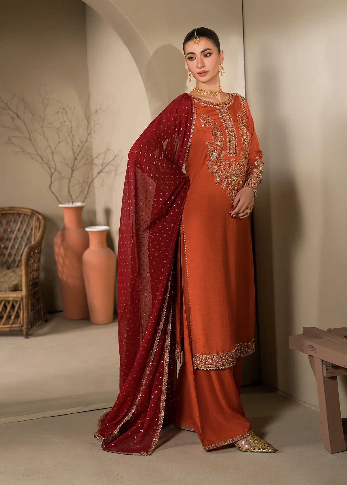 3 pc Long Kurta & Flared Trouser Set with Bindi Chiffon Dupatta – Heavy Embroidery & Embellishment Rust Korean Raw Silk