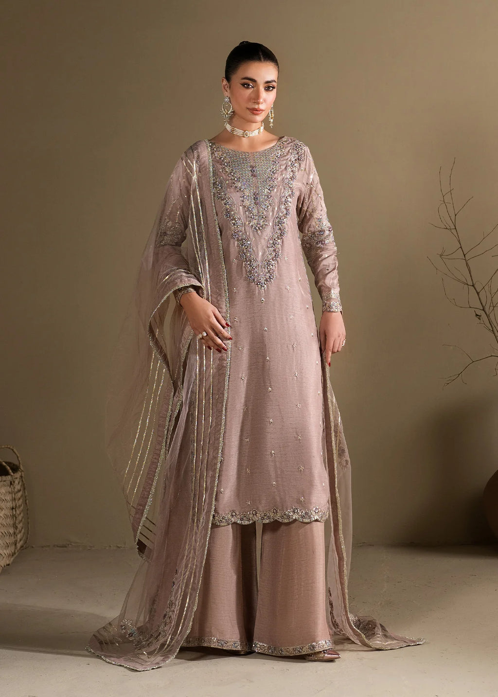 Lilac Embroidered 3-Piece Suit – KH Raw Silk Kurta, Flared Trouser & Net Dupatta