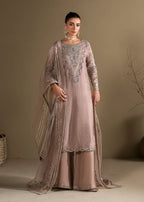 Lilac Embroidered 3-Piece Suit – KH Raw Silk Kurta, Flared Trouser & Net Dupatta