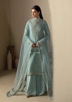 Ice Blue lue Embroidered 3-Piece Suit – KH Raw Silk Kurta, Flared Trouser & Net Dupatta