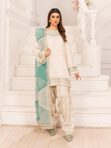 Ivory Embroidered Raw Silk Kurta Set with Farshi Shalwar & Organza Dupatta – 3 Piece Eastern Wear