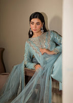 Ice Blue lue Embroidered 3-Piece Suit – KH Raw Silk Kurta, Flared Trouser & Net Dupatta