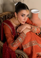 3 pc Long Kurta & Flared Trouser Set with Bindi Chiffon Dupatta – Heavy Embroidery & Embellishment Rust Korean Raw Silk