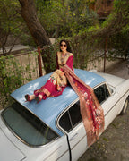 Karma 3 piece Kaftan Beige & Maroon Printed Silk 3PC Suit – Elegant Long Shirt with Dupatta & Trouser Inner included