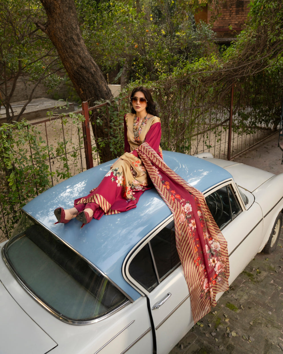 Karma 3 piece Kaftan Beige & Maroon Printed Silk 3PC Suit – Elegant Long Shirt with Dupatta & Trouser Inner included