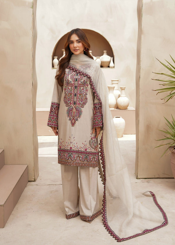 Beige Embroidered 3 Piece Lawn Suit with Trouser  & Organza Dupatta