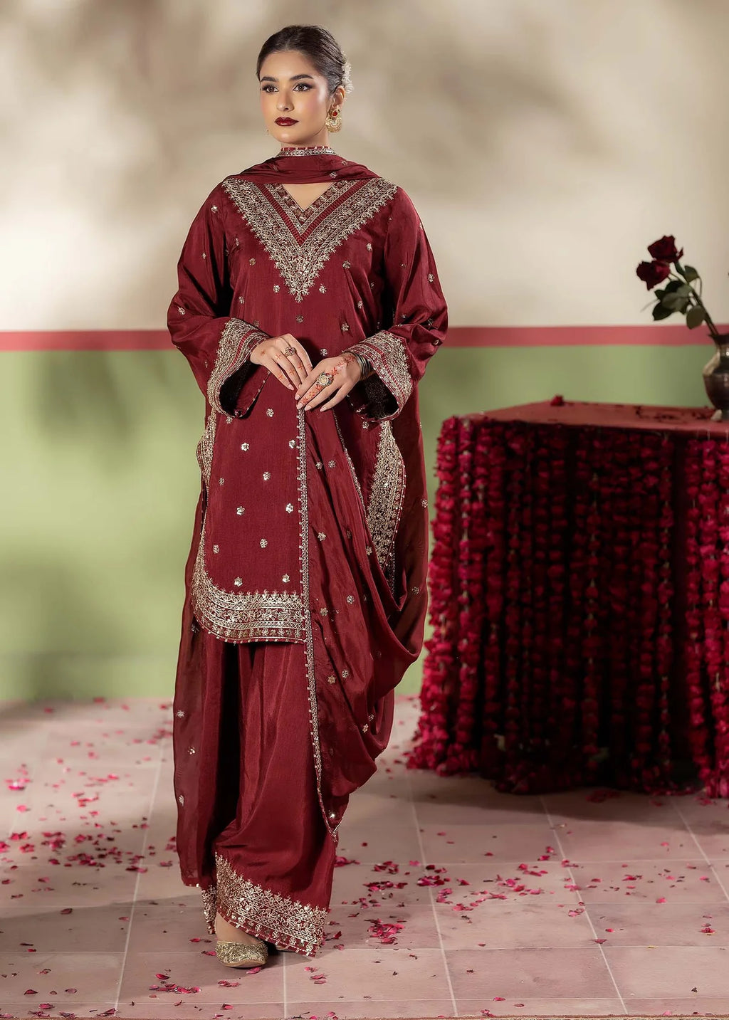 Maroon Raw Silk Embroidered Farshi Shalwar 3-Piece Suit