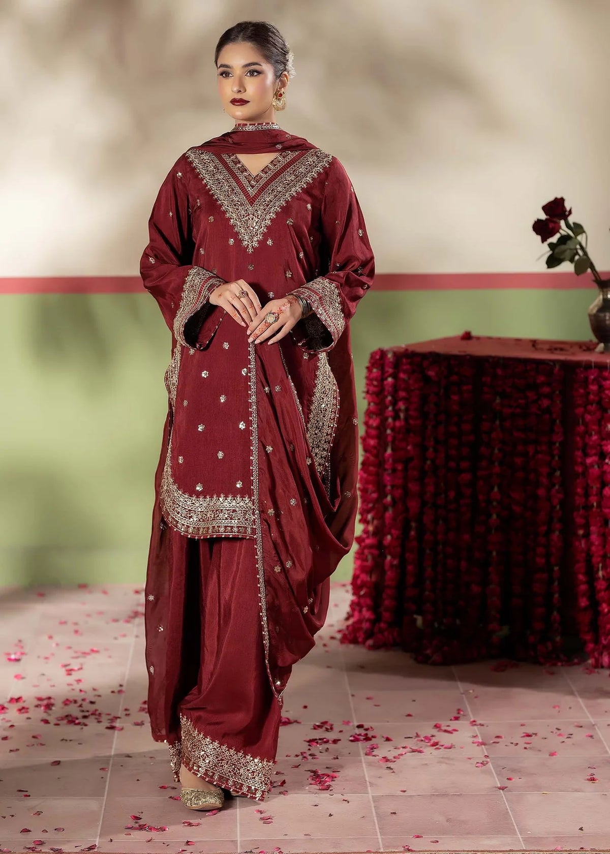 Maroon Raw Silk Embroidered Farshi Shalwar 3-Piece Suit