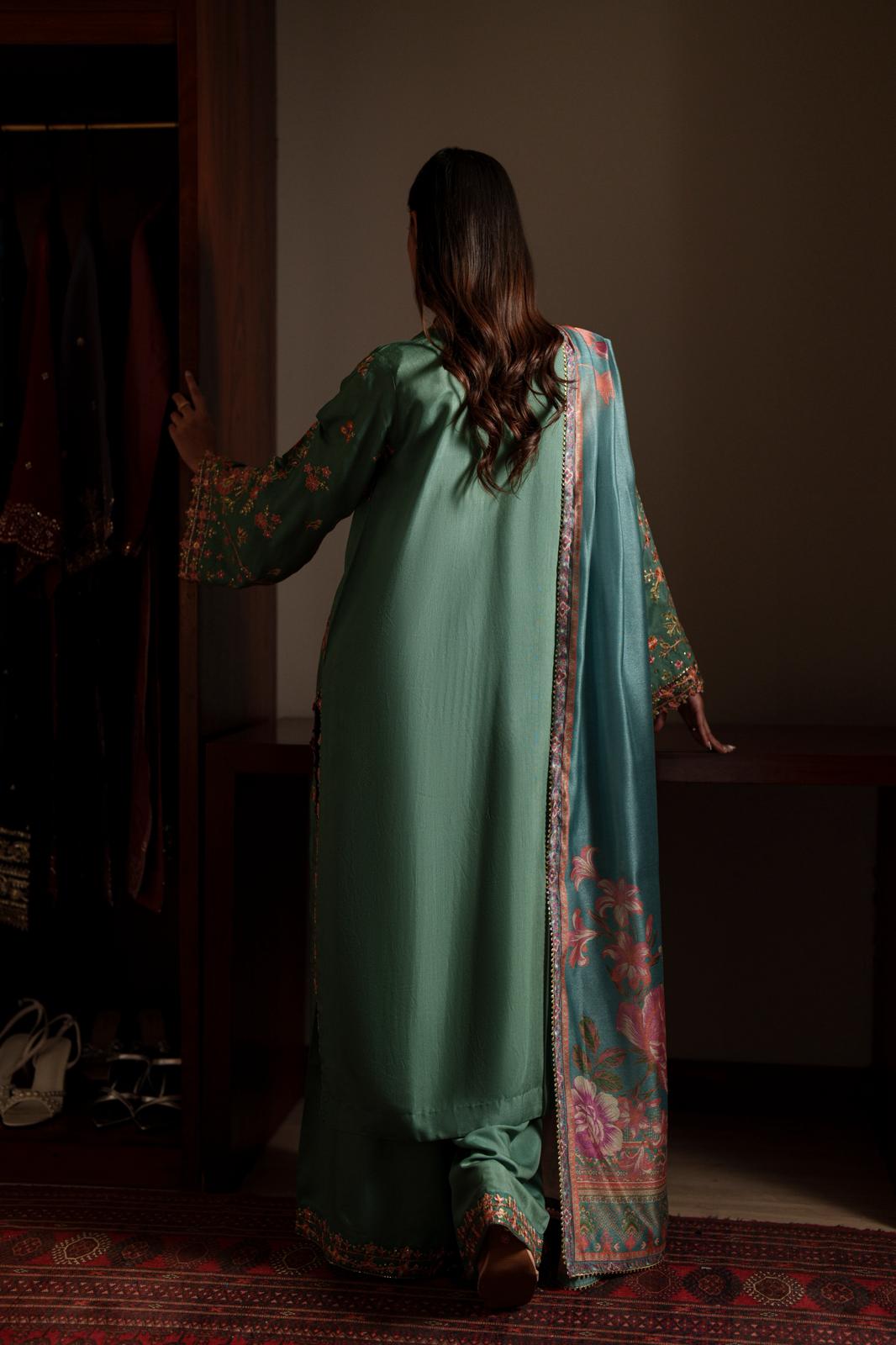 Casual Lite Luxury Festive Drop EALA Premium Silk Viscose 3 Piece Printed Dupatta Embroidered with Sequin Work and Lace for Modern Elegance