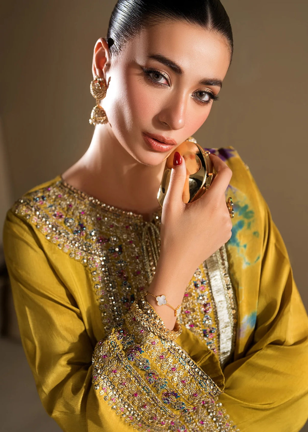 3 piece Short Shirt & Farshi Shalwar with Tie-Dye Medium Silk Dupatta – Heavy Embroidery & Embellished Ensemble