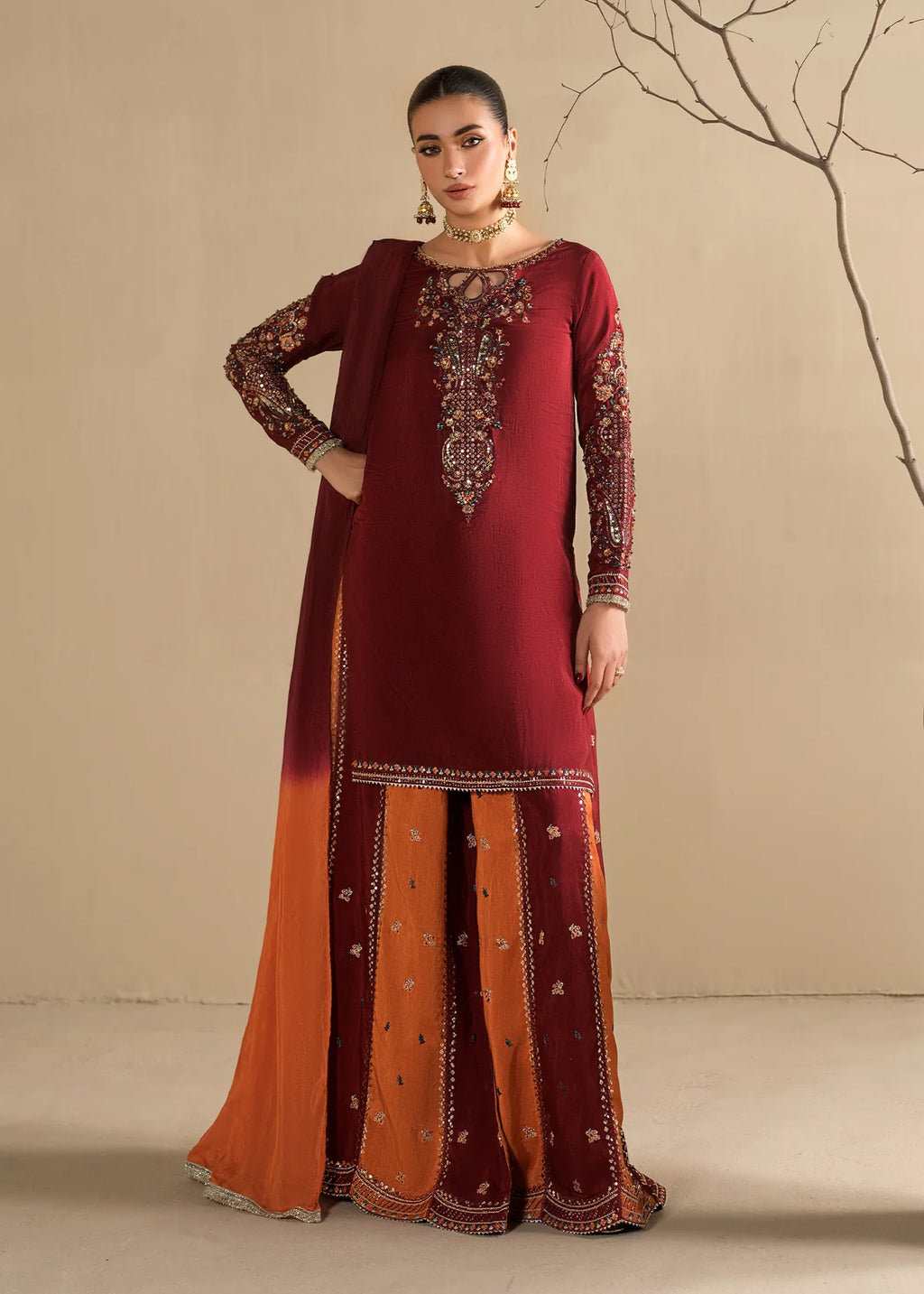 Embroidered Shirt with Two-Toned Sharara & Medium Silk Dupatta – Heavy Embroidery & Embellished 3-Piece Ensemble