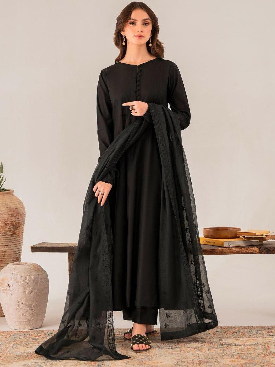 Salenmore | Panache Apparel Black Chambray Kattan Embroidered dupatta 3‑Piece Suit spring summer – Pakistani women's wear | Traditional Dress |