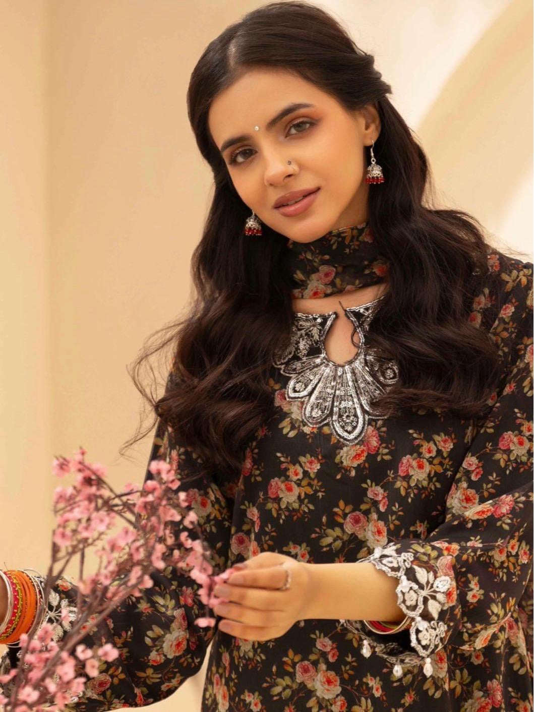 Simrans Baroque inspired Chiffon Embroidered Pakistani Suit - Elegant Floral Print & Festive Eid Wear for Women, Lightweight & Comfortable