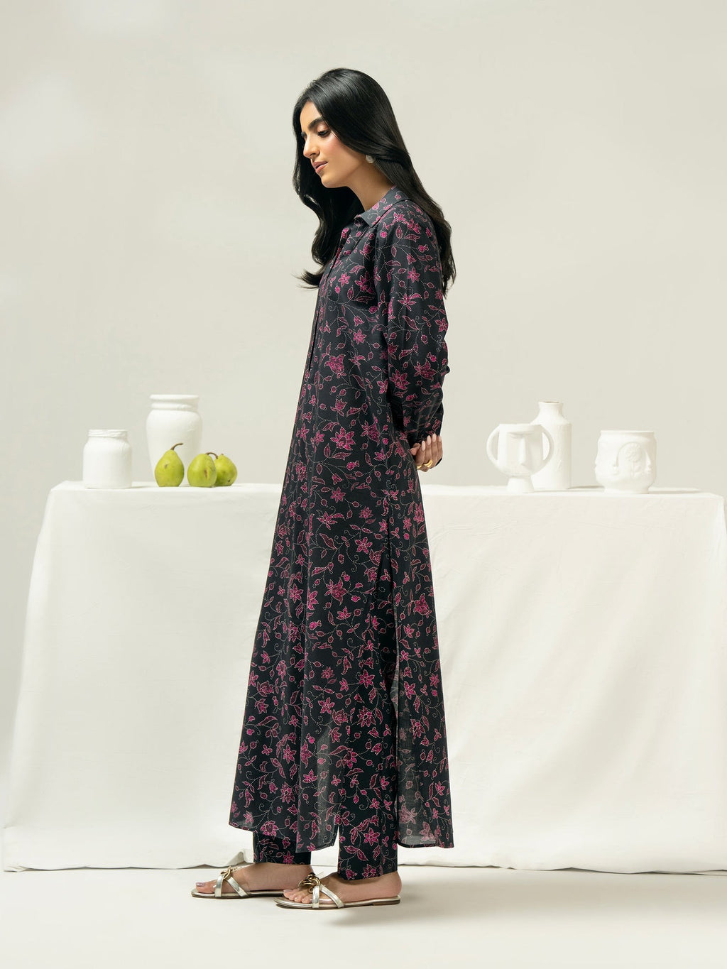 Limelight 2 Piece Set - Black Printed Viscose Cotton Shirt & Narrow-leg Trousers with Elastic Waistband
