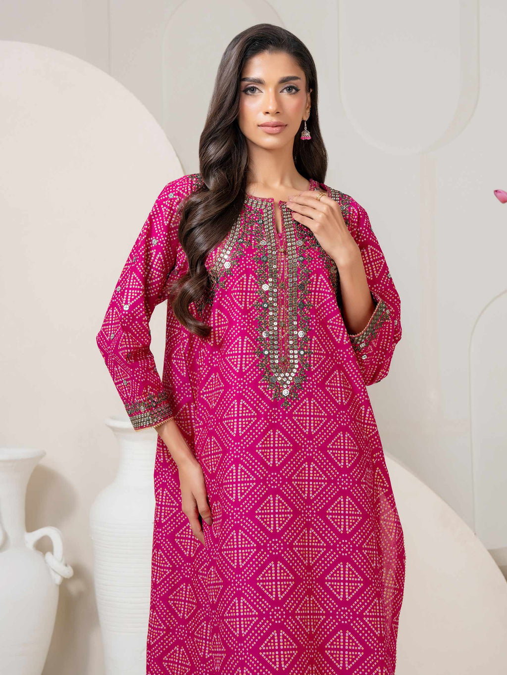 Limelight 2 Piece Embroidered Paste-print Shirt & Pink Cambric Wide-leg Trousers Set - Lace Womenswear
