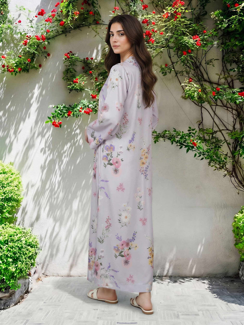 Limelight Lilac Printed Silk 2-Piece Suit with Embroidered Neckline
