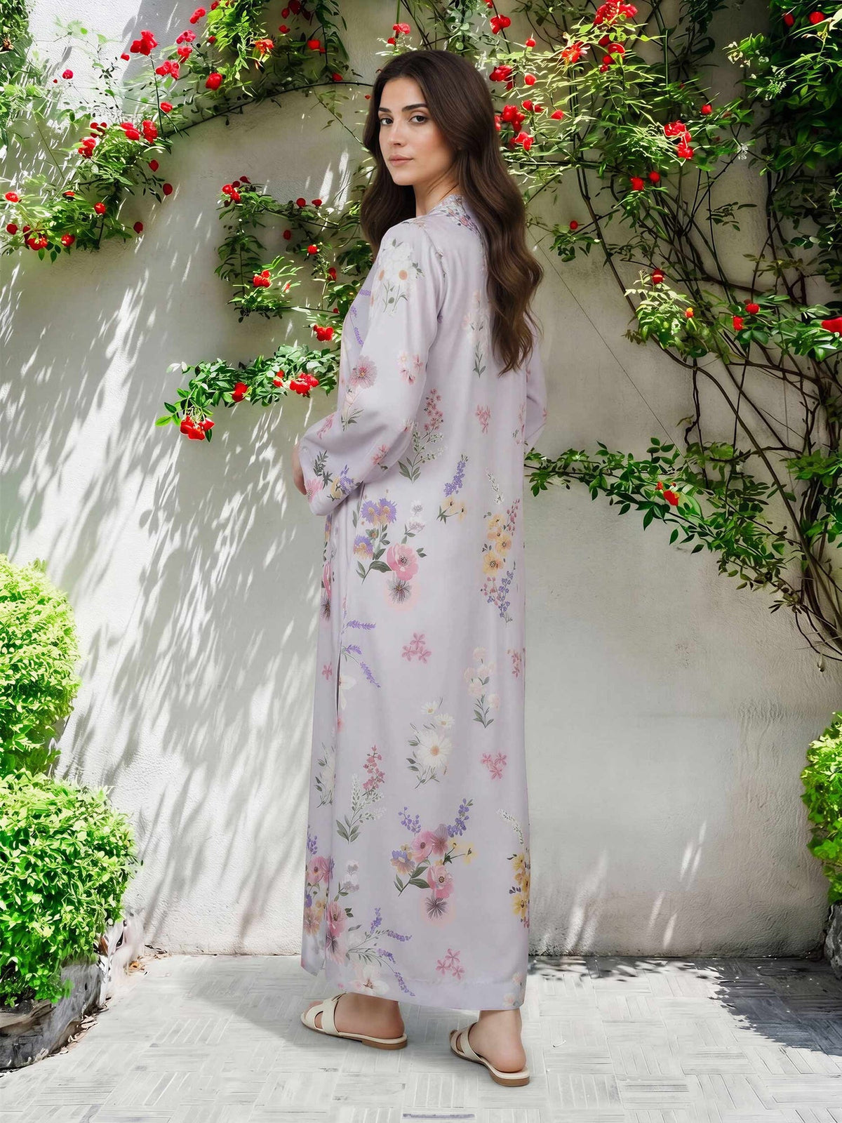 Limelight Lilac Printed Silk 2-Piece Suit with Embroidered Neckline