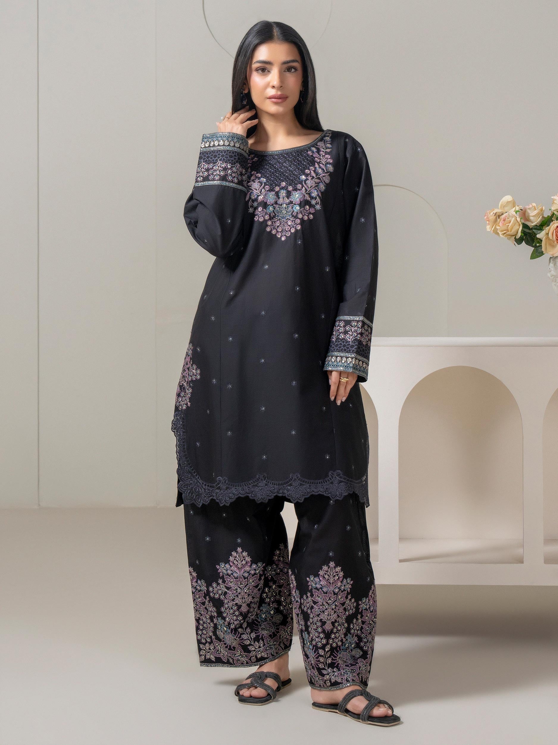 Limelight Black Slub Lawn 2 Piece Suit – Embroidered Shirt & Shalwar Set