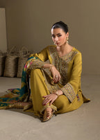 3 piece Short Shirt & Farshi Shalwar with Tie-Dye Medium Silk Dupatta – Heavy Embroidery & Embellished Ensemble