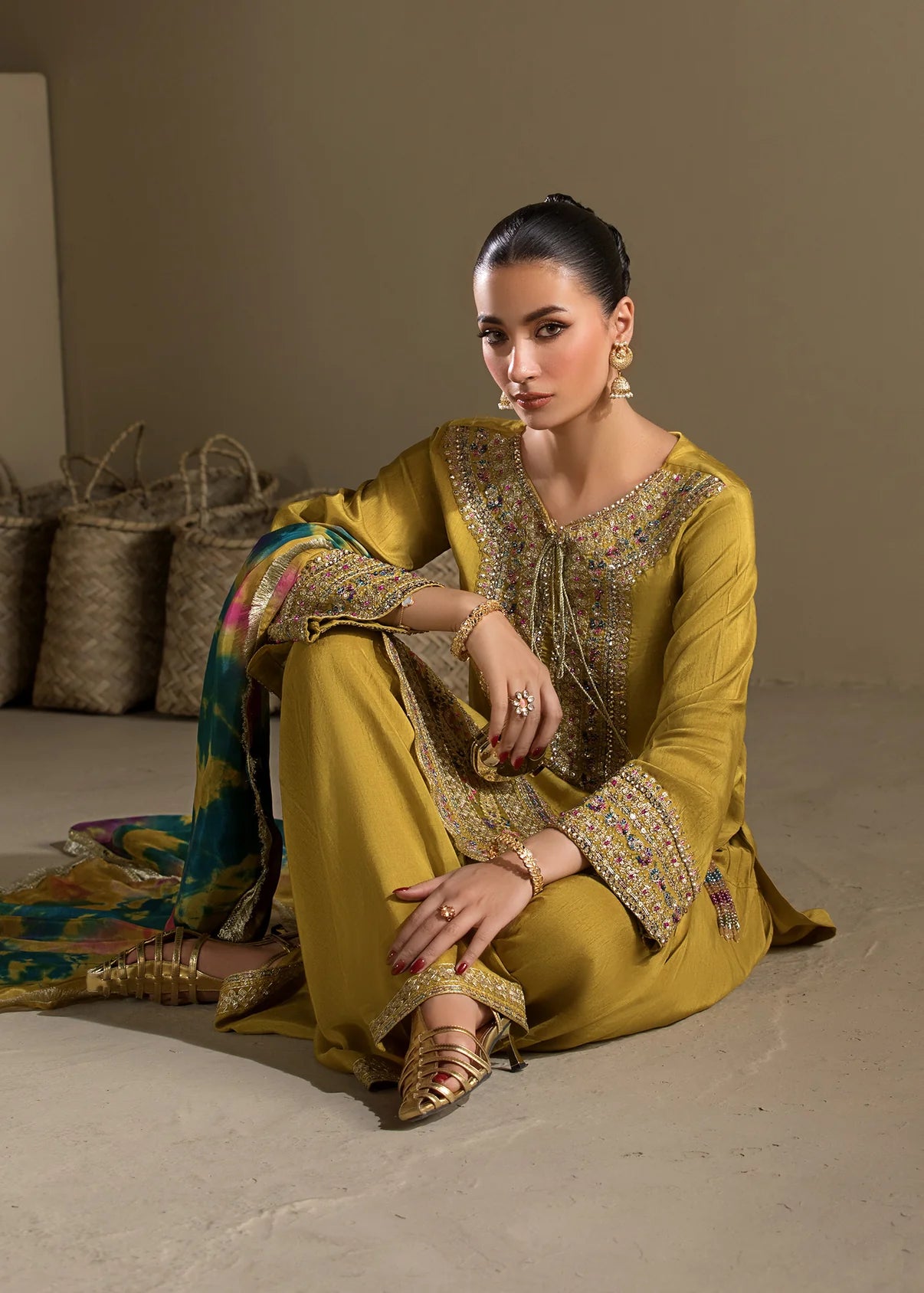 3 piece Short Shirt & Farshi Shalwar with Tie-Dye Medium Silk Dupatta – Heavy Embroidery & Embellished Ensemble