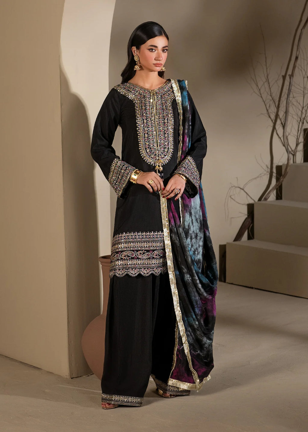 3 piece Black Short Shirt & Farshi Shalwar with Tie-Dye Medium Silk Dupatta – Heavy Embroidery & Embellished Ensemble