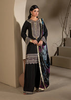 3 piece Black Short Shirt & Farshi Shalwar with Tie-Dye Medium Silk Dupatta – Heavy Embroidery & Embellished Ensemble