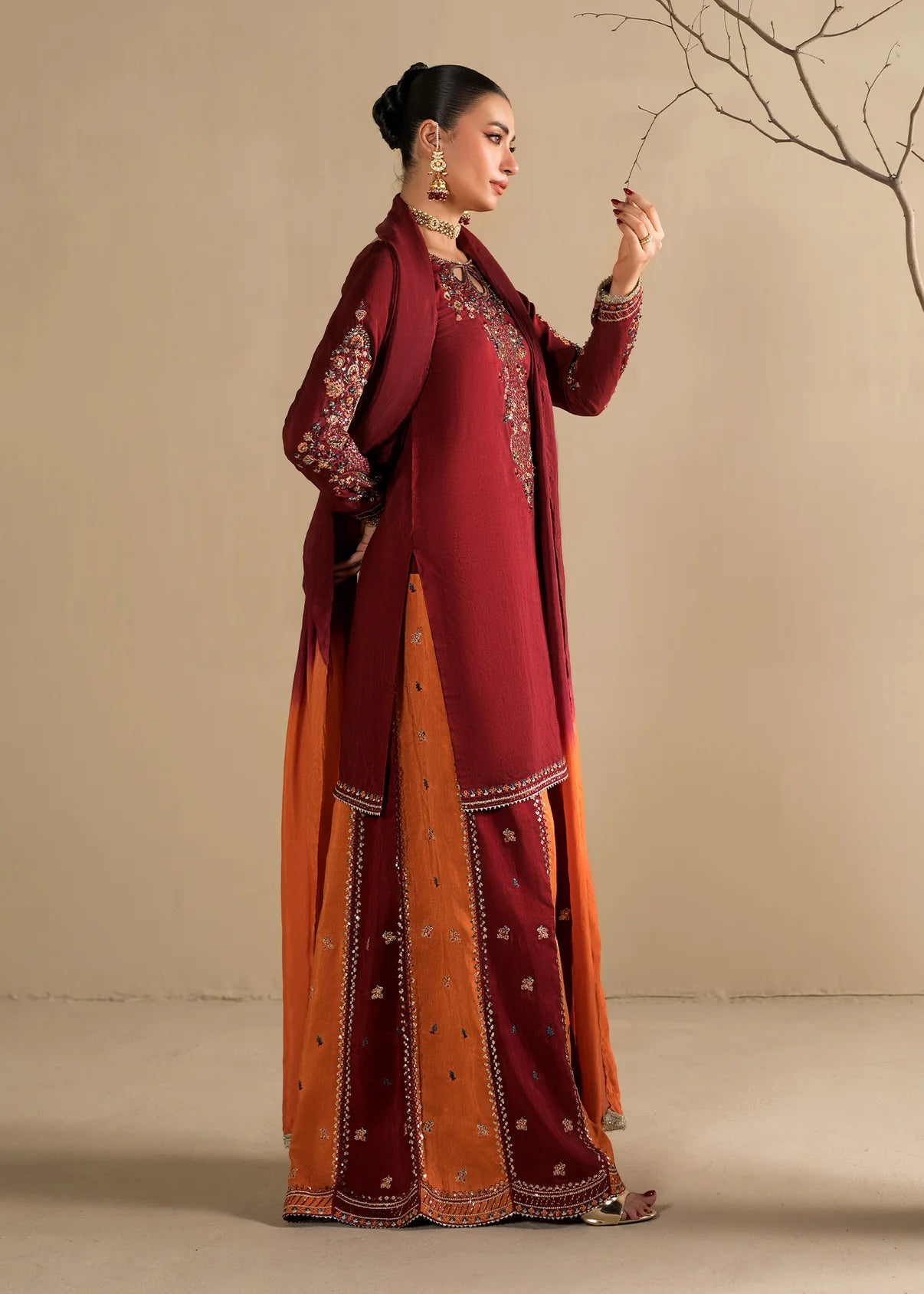 Embroidered Shirt with Two-Toned Sharara & Medium Silk Dupatta – Heavy Embroidery & Embellished 3-Piece Ensemble
