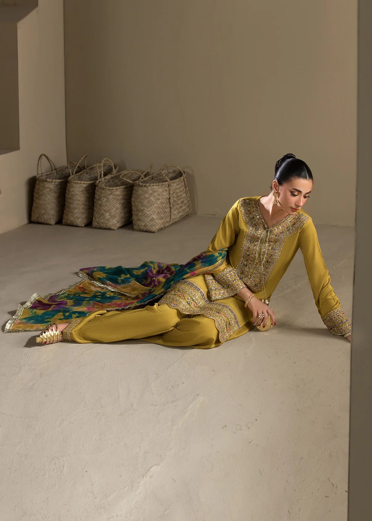 3 piece Short Shirt & Farshi Shalwar with Tie-Dye Medium Silk Dupatta – Heavy Embroidery & Embellished Ensemble