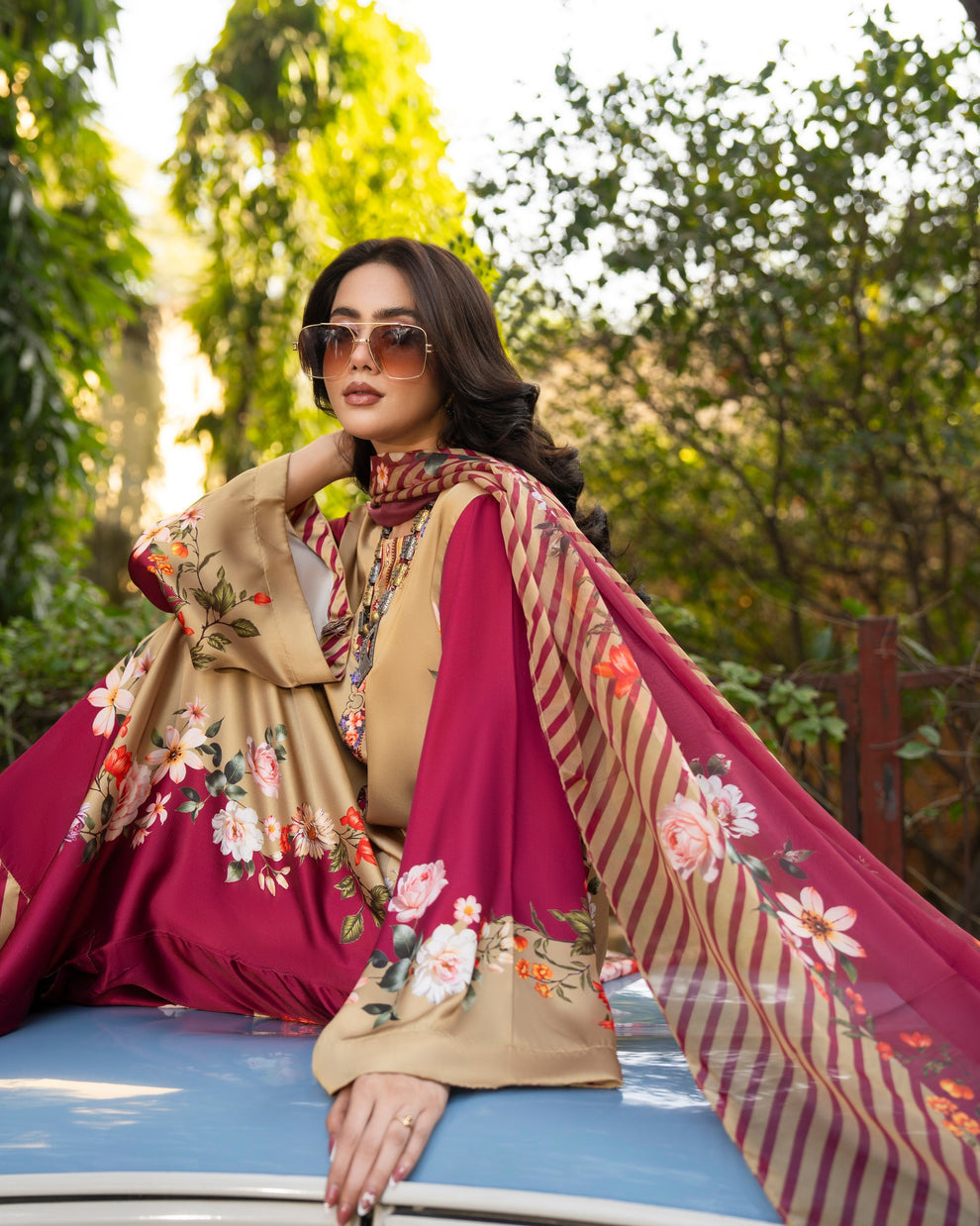Karma 3 piece Kaftan Beige & Maroon Printed Silk 3PC Suit – Elegant Long Shirt with Dupatta & Trouser Inner included