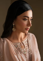 Peach Embroidered Raw Silk Short Kurta with Farshi Shalwar & Silk Dupatta