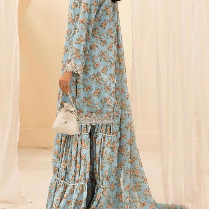 Simrans Baroque Chiffon Sky Blue Embroidered Pakistani Suit - Elegant Floral Print & Festive Eid Wear for Women, Lightweight & Comfortable
