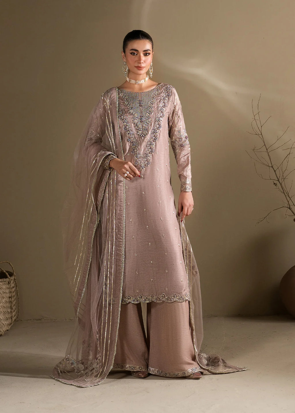 Lilac Embroidered 3-Piece Suit – KH Raw Silk Kurta, Flared Trouser & Net Dupatta