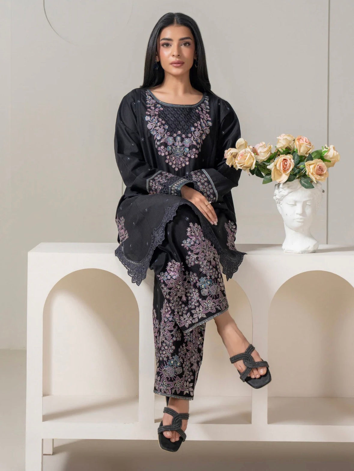 Limelight Black Slub Lawn 2 Piece Suit – Embroidered Shirt & Shalwar Set