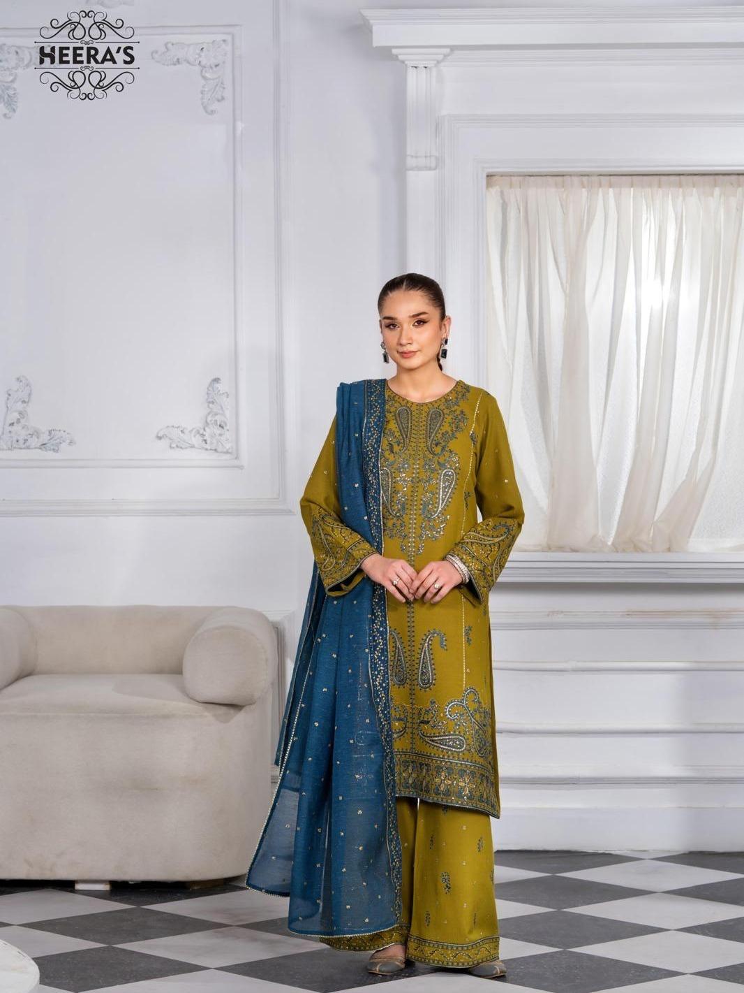 Heeras 3 Piece dhanak sequence embroidered shirt and sequence embroidered plazo with rajjo net embroidered dupatta