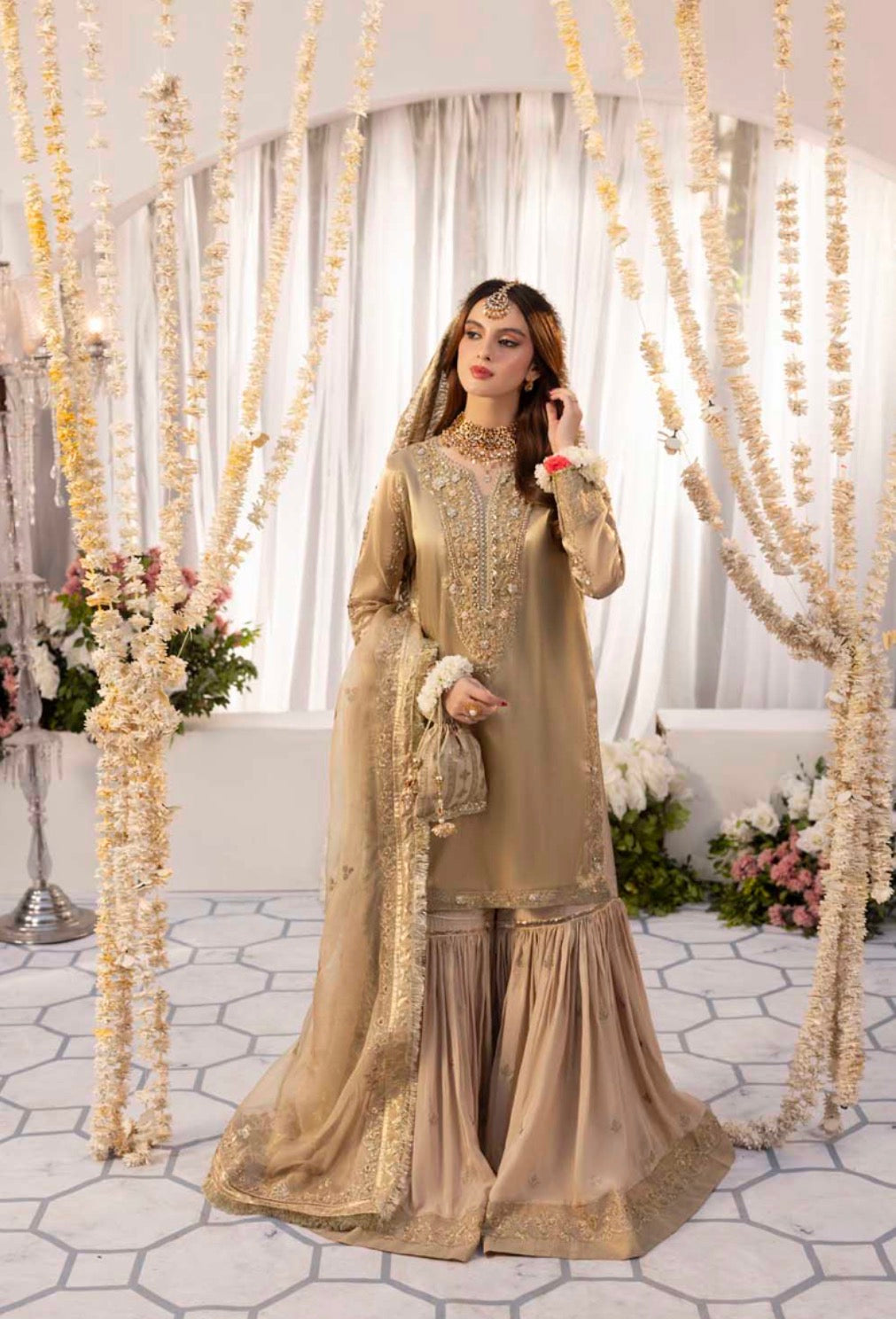 Mesouri Sequin & Resham Embroidered Gharara Gold Luxury Ensemble