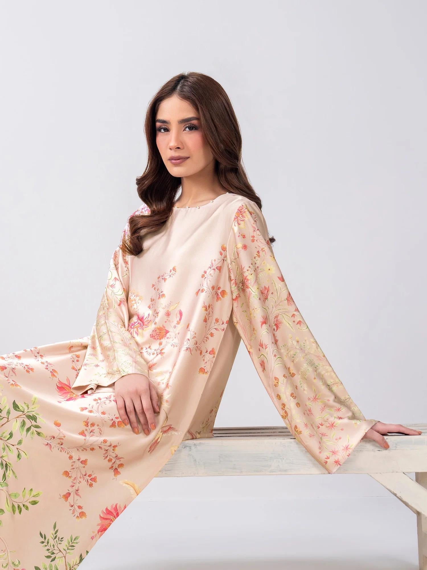 Limelight 2 Piece Set - Pink Silk Shirt with Boat Neckline & Trousers with Elastic Waistband