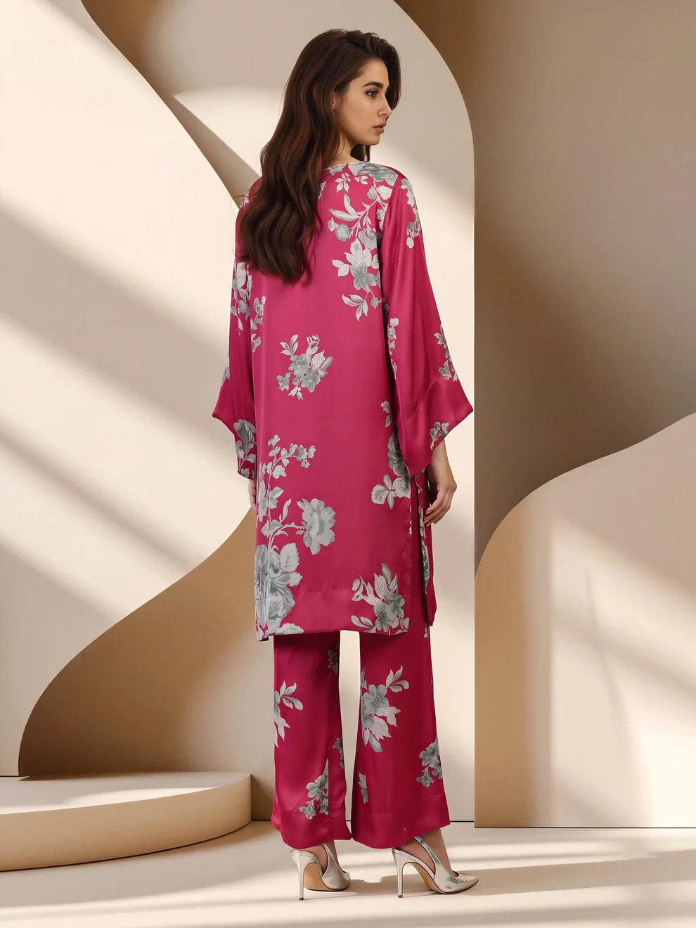 Limelight Pink Floral Printed Silk Embroidered 2-Piece Suit