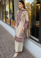 Beige Embroidered 3 Piece Lawn Suit with Trouser  & Organza Dupatta