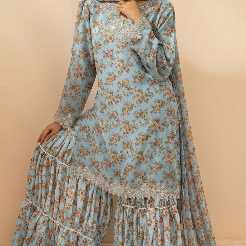 Simrans Baroque Chiffon Sky Blue Embroidered Pakistani Suit - Elegant Floral Print & Festive Eid Wear for Women, Lightweight & Comfortable