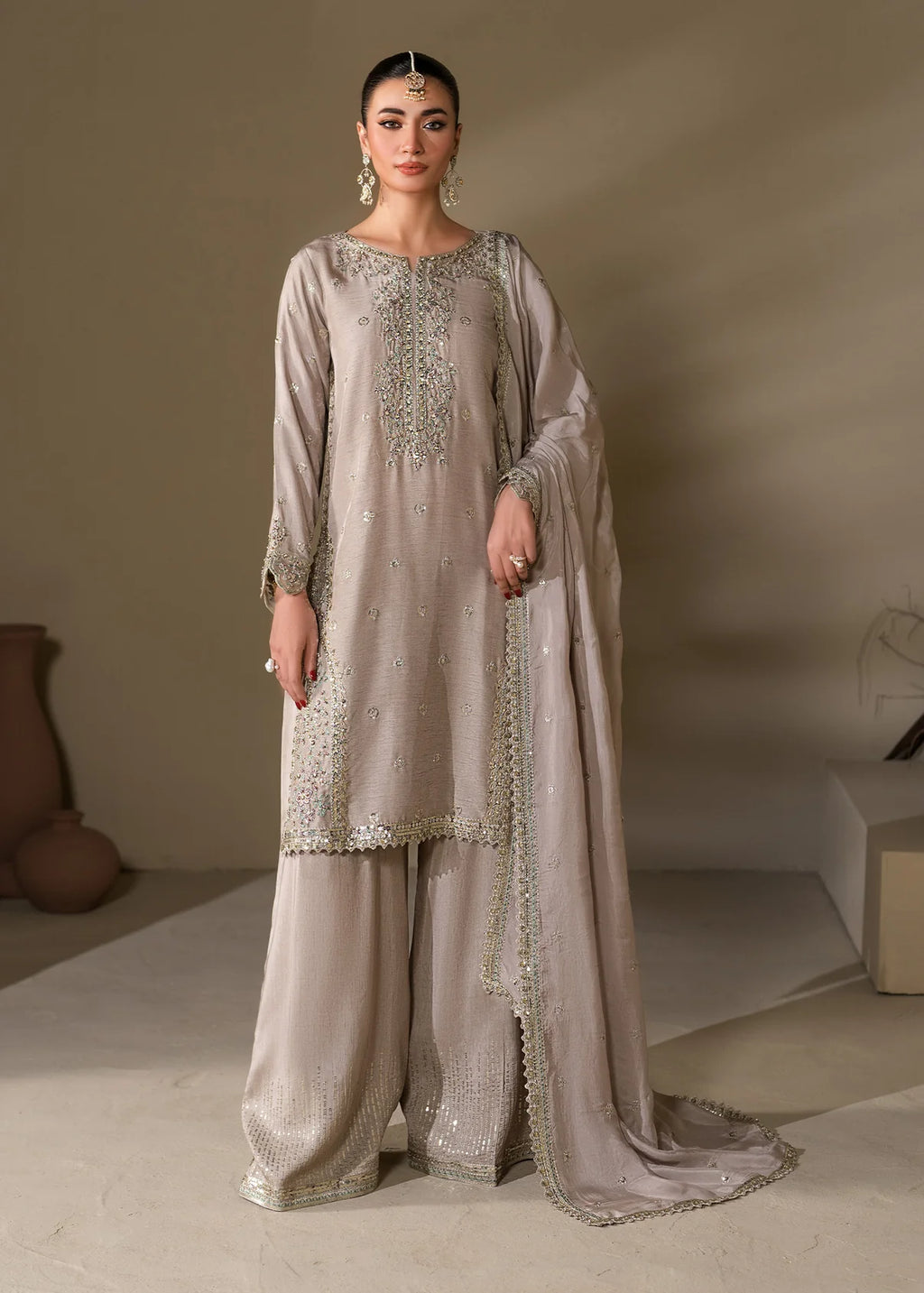 Embroidered Shirt with Two-Toned Sharara & Medium Silk Dupatta – Heavy Embroidery & Embellished 3-Piece Ensemble