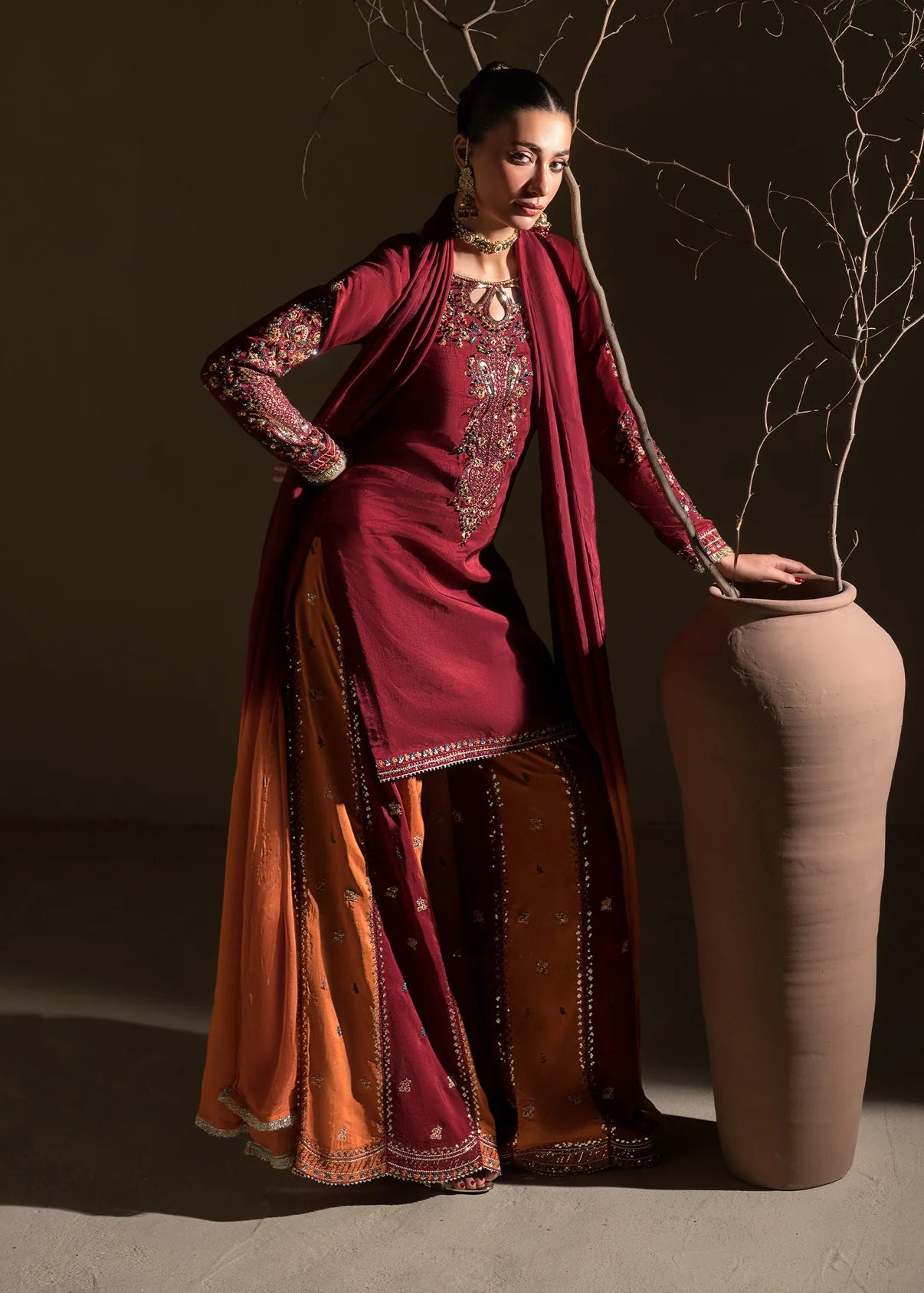 Embroidered Shirt with Two-Toned Sharara & Medium Silk Dupatta – Heavy Embroidery & Embellished 3-Piece Ensemble