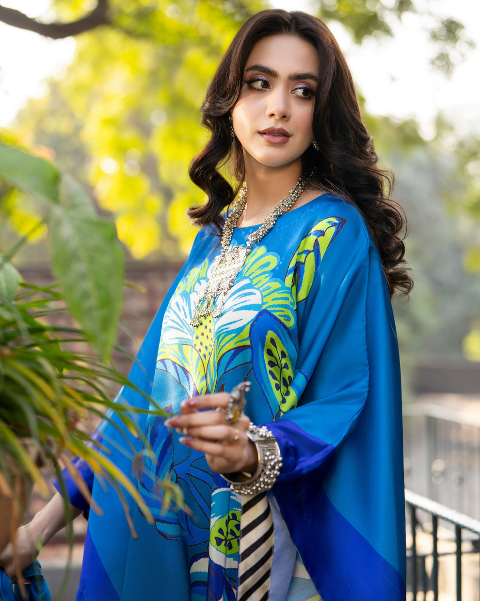 Karma 3 piece Kaftan azure Blue Printed Shamoz Silk 3PC Suit – Elegant Long Shirt with Dupatta & Trouser
Inner included