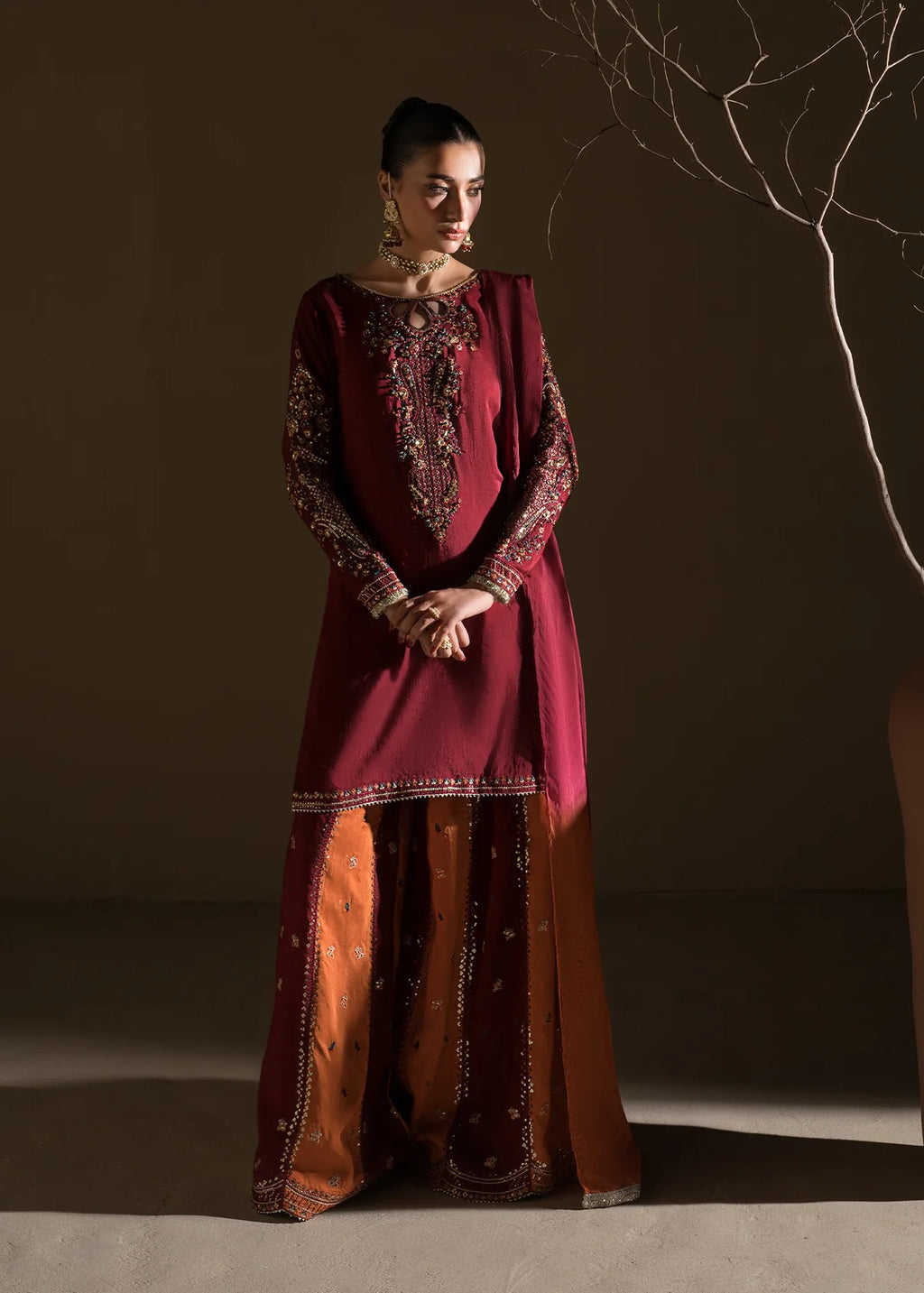 Embroidered Shirt with Two-Toned Sharara & Medium Silk Dupatta – Heavy Embroidery & Embellished 3-Piece Ensemble