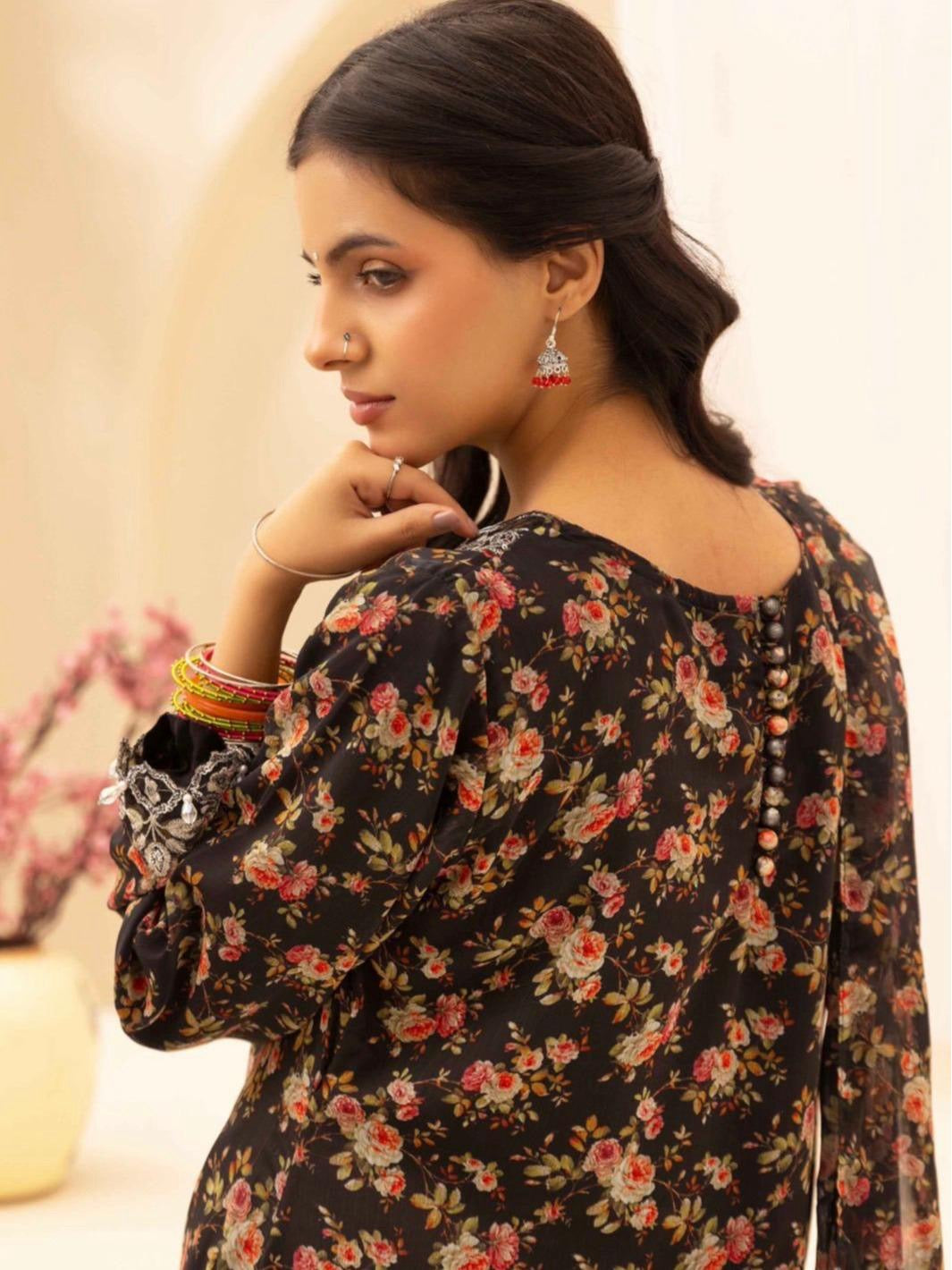 Simrans Baroque inspired Chiffon Embroidered Pakistani Suit - Elegant Floral Print & Festive Eid Wear for Women, Lightweight & Comfortable