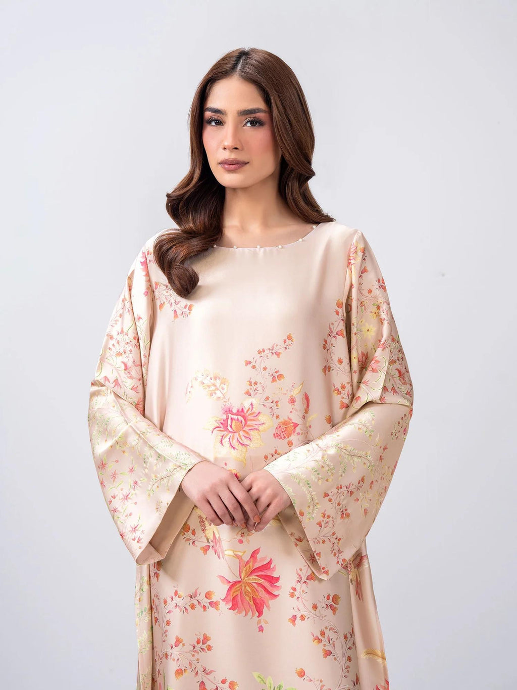 Limelight 2 Piece Set - Pink Silk Shirt with Boat Neckline & Trousers with Elastic Waistband