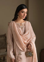 Peach Embroidered Raw Silk Short Kurta with Farshi Shalwar & Silk Dupatta