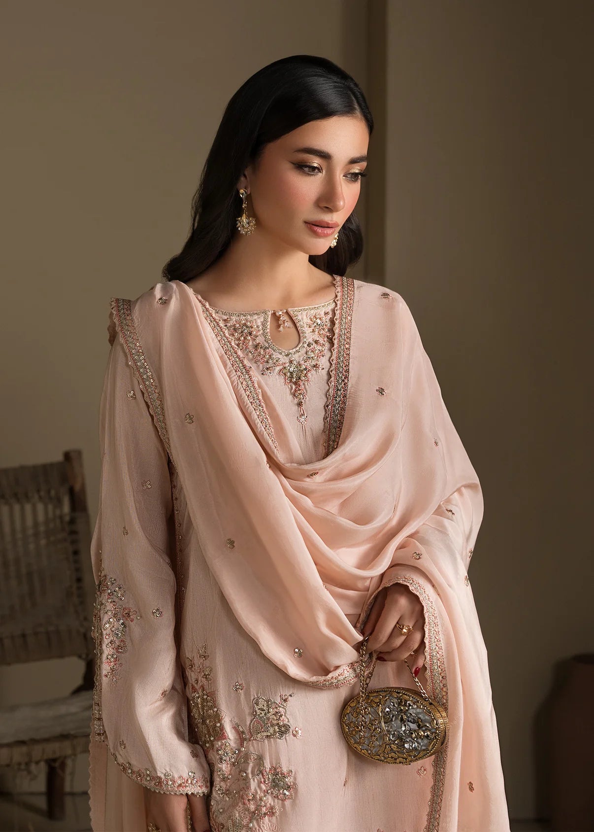 Peach Embroidered Raw Silk Short Kurta with Farshi Shalwar & Silk Dupatta