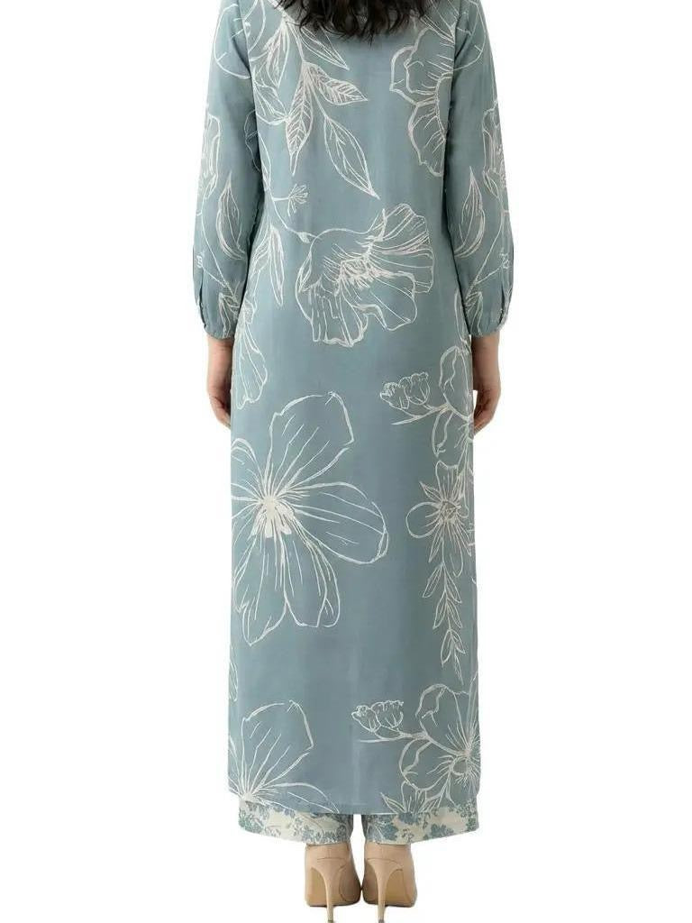 Limelight 2 Piece Set - Sky Blue Silk Shirt with Flowy Collared V-neck & Wide-leg Trousers with Elastic Waistband