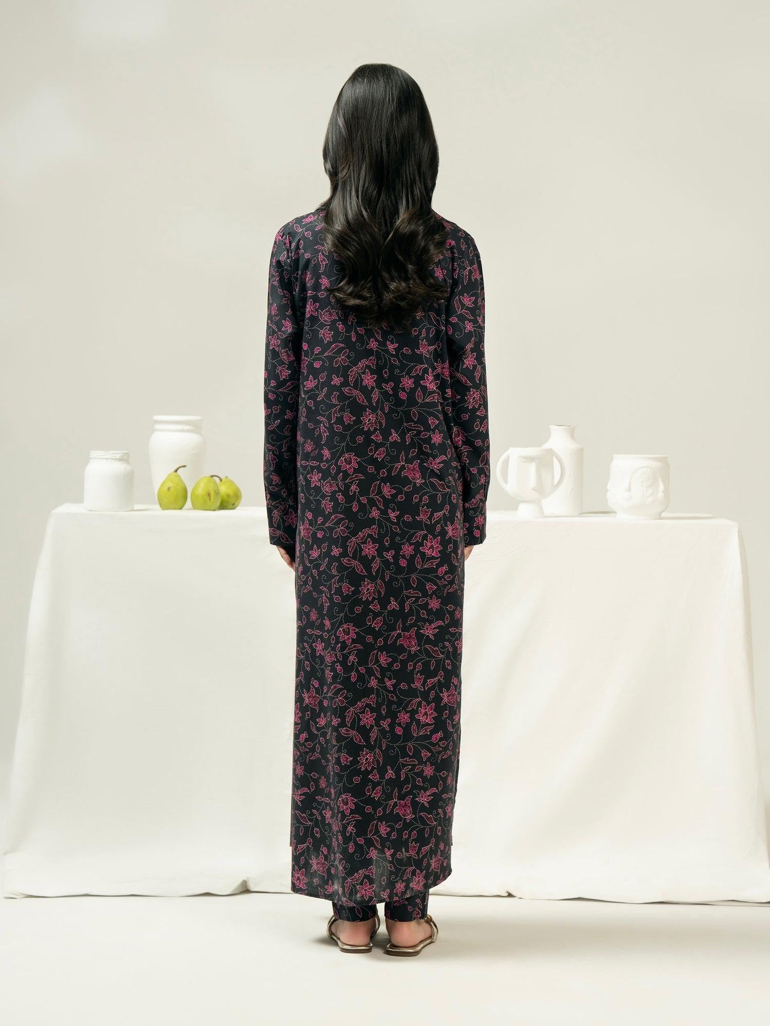 Limelight 2 Piece Set - Black Printed Viscose Cotton Shirt & Narrow-leg Trousers with Elastic Waistband