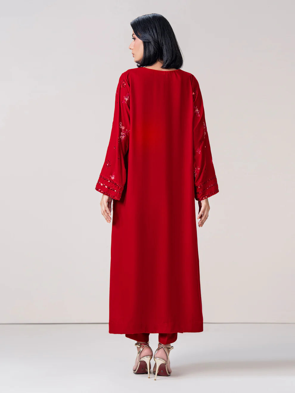 Limelight Velvet Suit - Red A-line Shirt with V-neckline Sequin Embroidery & Narrow-leg Trousers Elastic Waistband
